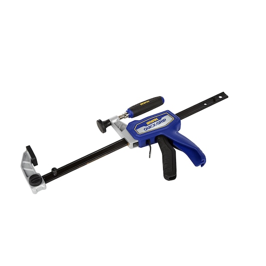 IRWIN IRHT83500 blue and black quick-grip bar clamp, side angle on white background.