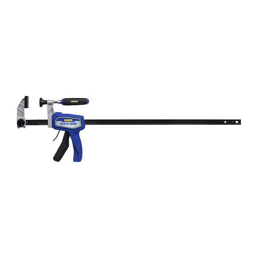 Photo of IRWIN bar clamp IRHT83501 in blue and black, side angle on white background.