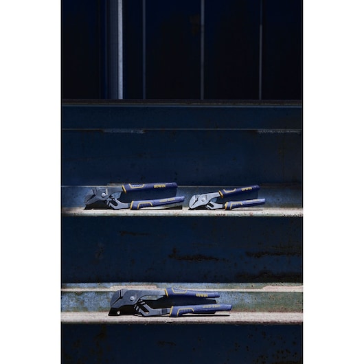 Photo of three IRWIN pliers with blue and yellow handles, SKU 4935322, displayed on metal steps.