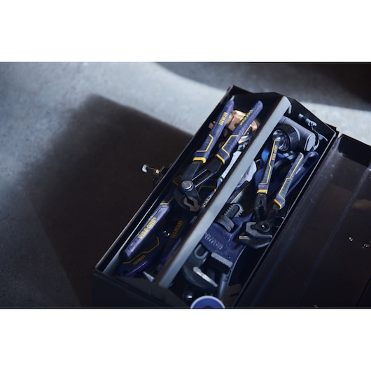 IRWIN 2078112 hand tools with blue and yellow accents in an open black toolbox, top angle.