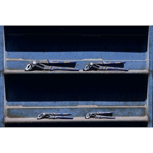 Photo of four IRWIN 2078112 groove joint pliers in blue and yellow handles, arranged on blue metal shelves.