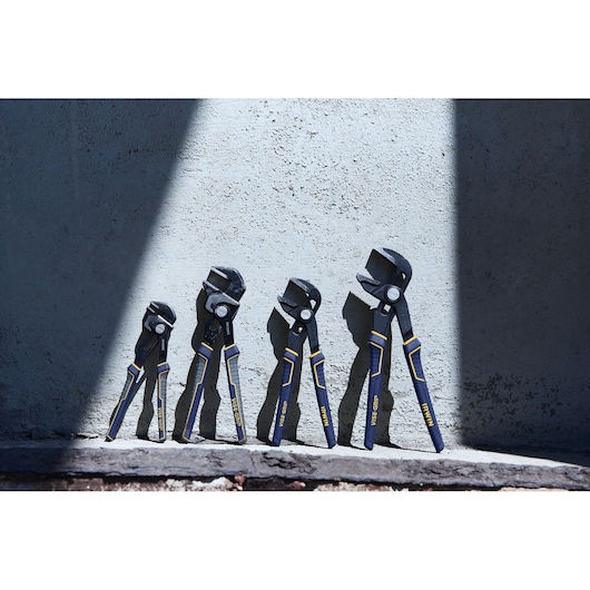IRWIN VISE-GRIP adjustable groove joint pliers set, four sizes, blue and yellow handles, standing vertically.