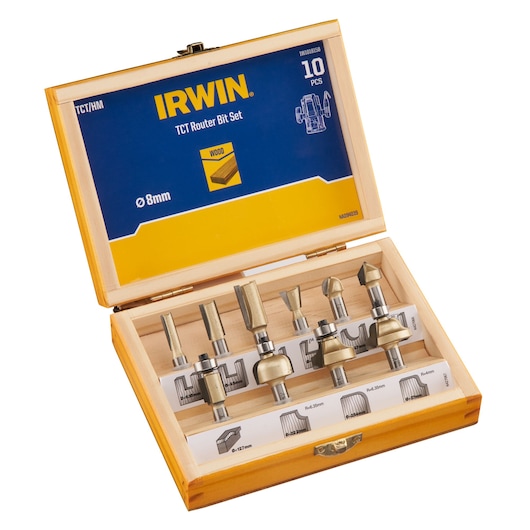 IRWIN TCT router bit set IW1018158, 10-piece set in a wooden case, photo on white background.