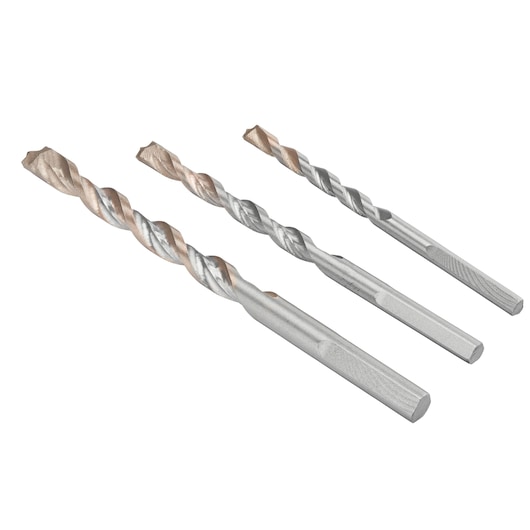 Photo of three IRWIN masonry drill bits IW2024502 with hex shanks and silver-copper spiral flutes, angled view.
