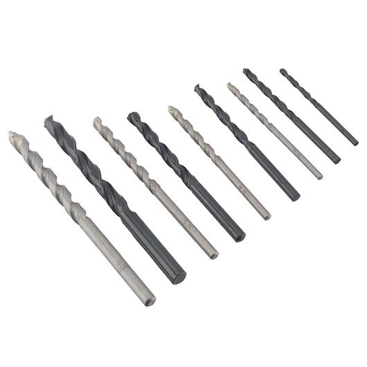 IRWIN IW2026501 set of nine metal drill bits, various sizes, angled view on white background.