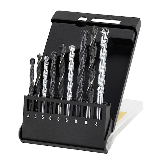 IRWIN IW2026502 drill bit set with eight assorted black and silver bits in a black plastic case, front angle.