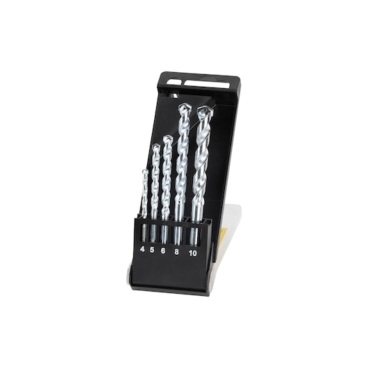 Photo of IRWIN IW2026505 drill bit set with five silver twist bits in black plastic case, front angle on white background.