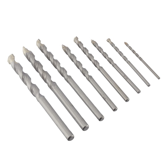 IRWIN IW2026506 masonry drill bit set with eight silver bits arranged in a row, angled on white background.