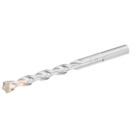 Photo of IRWIN IW2039112 silver masonry drill bit, side angle, with a carbide tip and spiral flute design.