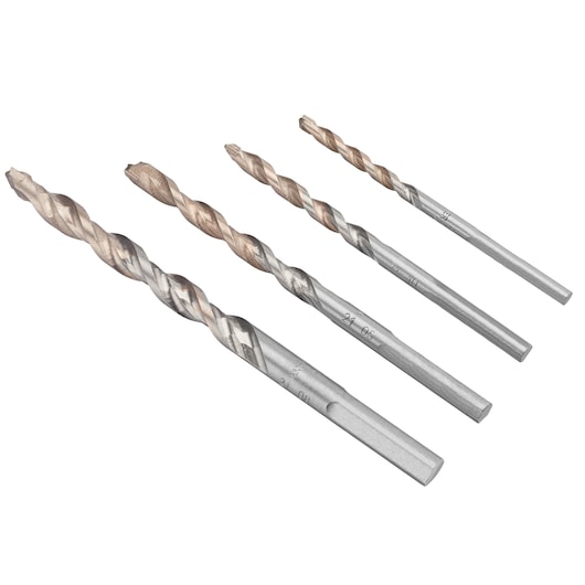 IRWIN IW2039503 set of four silver and bronze masonry drill bits, side angle on white background.