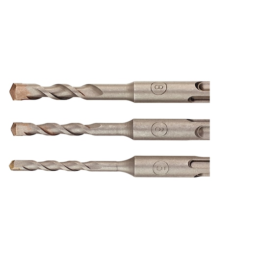 IRWIN IW2039701 three-piece masonry drill bit set, silver color, side angle on white background.