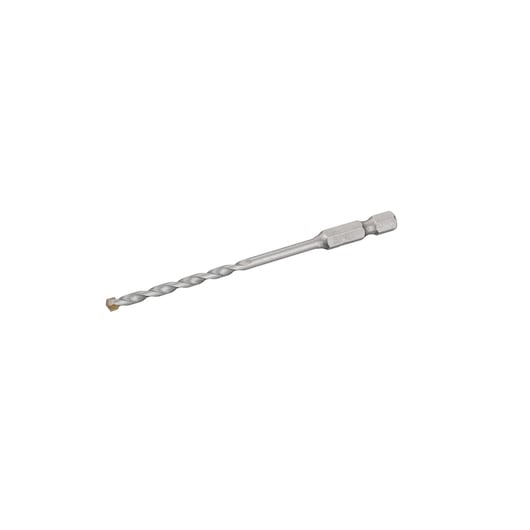Photo of IRWIN IW2041101 hex shank masonry drill bit, silver, angled on white background.