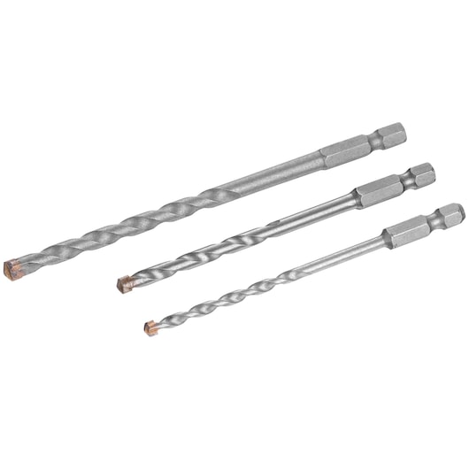 IRWIN masonry drill bit set IW2041102, silver, three hex shank bits, front angle on white background.