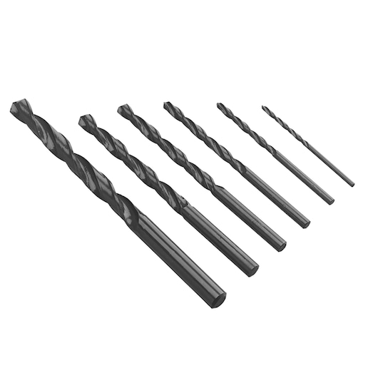 IRWIN drill bit set IW3031513, seven black twist drill bits, side angle, white background.