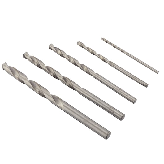 IRWIN IW3031517 metal drill bit set, five sizes, silver finish, side angle, white background.