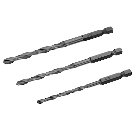 IRWIN IW3035108 drill bit set, three metal twist drill bits with hex shank, side angle, white background