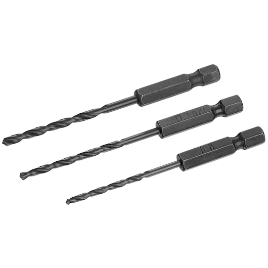 Photo of three IRWIN IW3035112 black hex shank drill bits set, angled on white background.