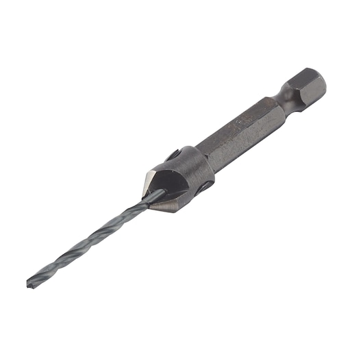 IRWIN IW3035113 black countersink drill bit, hex shank, side angle on white background.