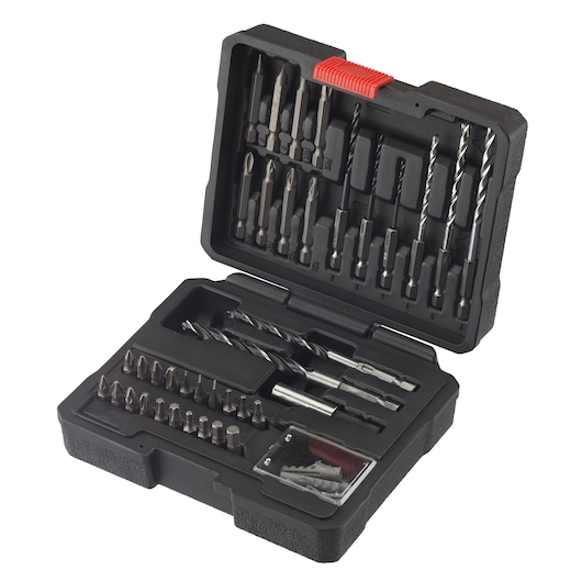 IRWIN IW3035114 drill and screwdriver bit set in open black plastic case, showing multiple bits and accessories, angled view.