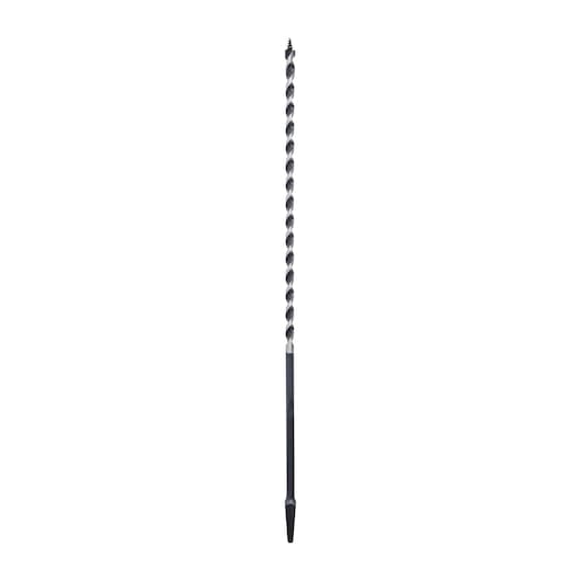 Photo of IRWIN IW344 long spiral drill bit, black metal, front angle, on white background.