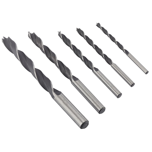 Photo of IRWIN IW4046601 drill bit set, five silver and black twist drill bits arranged in a row on white background.