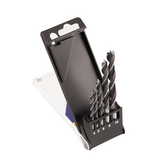 IRWIN IW4046601 drill bit set in a black plastic case with five spiral bits in assorted sizes, front angle.