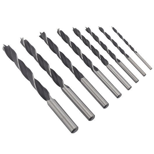 Photo of IRWIN drill bit set IW4046602 with eight black and silver twist drill bits on white background, angled view.