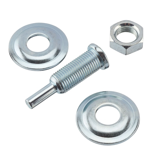 IRWIN IW8086205 metal fastener hardware kit with threaded bolt, hex nut, and two round washers, top view, white background.
