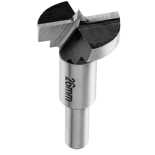 Photo of IRWIN IW9091101 steel Forstner drill bit, 26mm size, white background, showing cutting edge and shank.