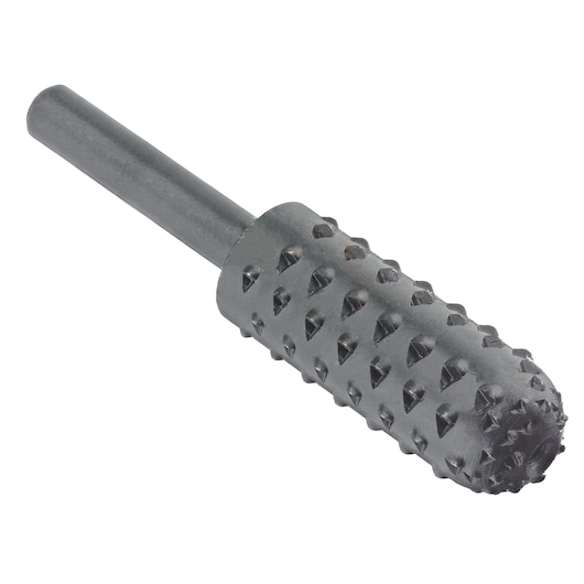 IRWIN IW9091201 rotary rasp cylinder shape side angle, black steel with sharp cutting teeth, white background.