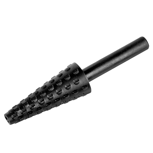 IRWIN IW9091202 conical rotary rasp with knurled surface, black finish, product side angle photo.