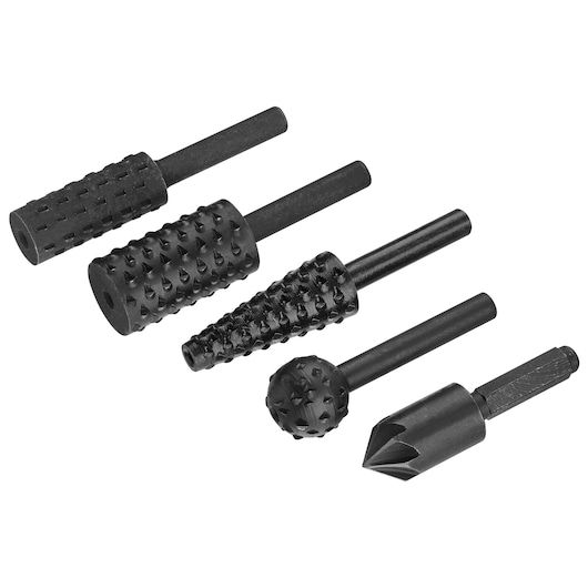IRWIN IW9091203 rotary rasp set, five black steel bits with various shapes, side angle on white background.