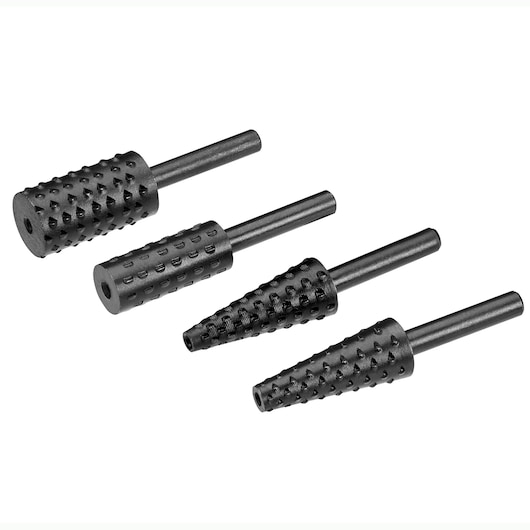 IRWIN IW9091204 rotary rasp set, four black metal rasp bits with different shapes, front angle, white background.