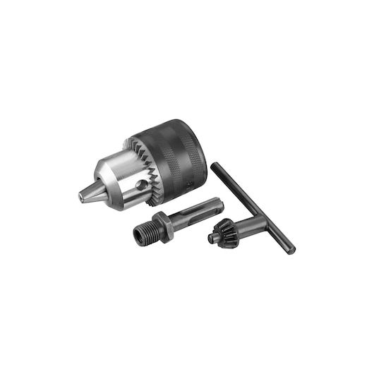 IRWIN drill chuck with key and adapter, steel, black and silver, SKU IW9092303, product photo on white background.