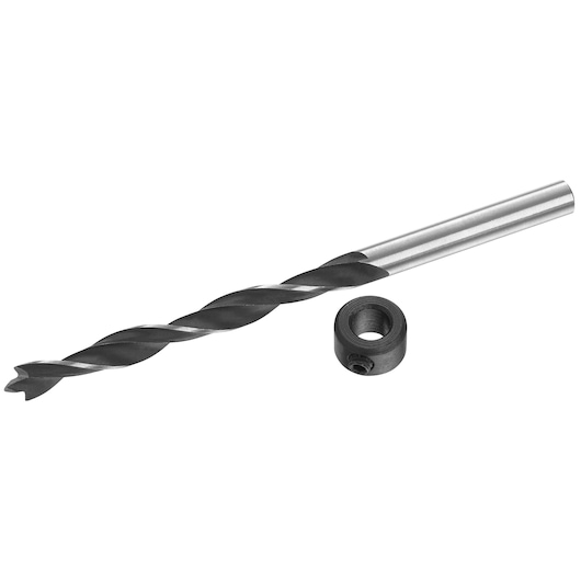 IRWIN drill bit and black stop collar, IW9093101, photography, side angle, white background.