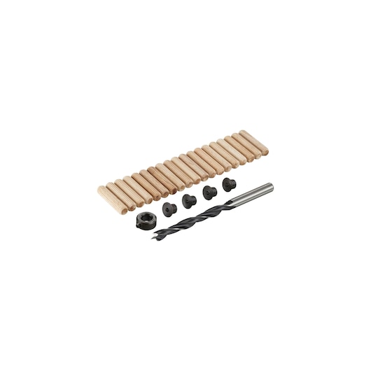IRWIN dowel and drill kit IW9093103, photography of dowels, drill bit, stop collar, and marking guides, front angle