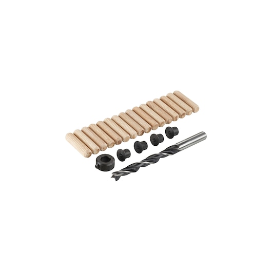 IRWIN IW9093104 dowel and drill kit with wooden dowels, black stops, and a drill bit, flat lay on white background.