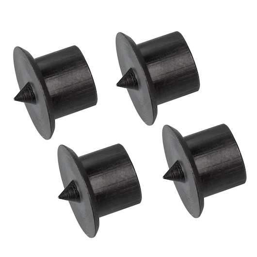 IRWIN IW9093105 black plastic dowel center points set, four pieces, top view, white background.
