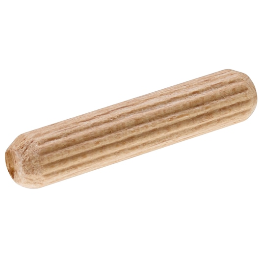 IRWIN IW9094102 wooden dowel pin with fluted surface, side angle on white background.