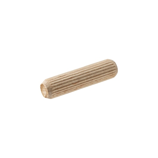 IRWIN IW9094105 wooden dowel pin with fluted surface, side angle on white background.