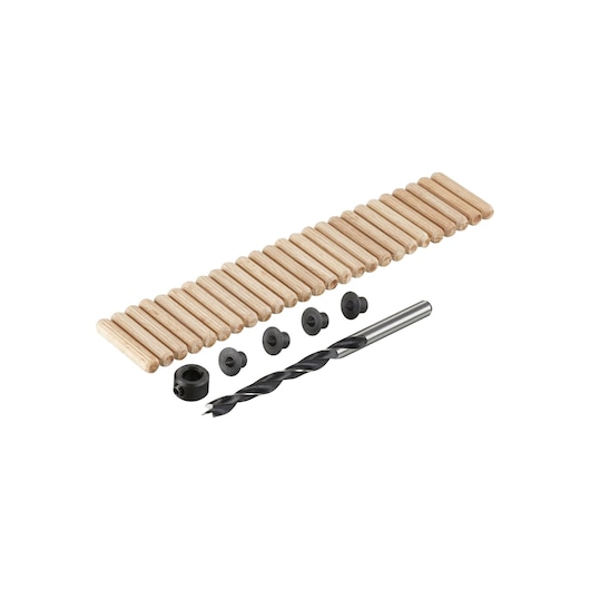 IRWIN IW9094109 dowel jig kit with wooden dowels, drill bit, stops, and pins, top angle, white background.