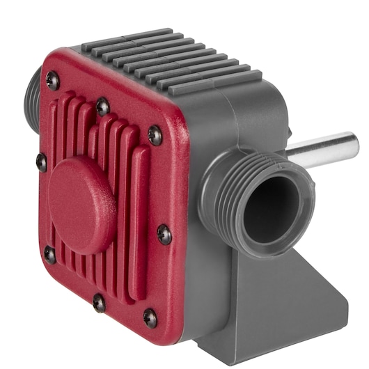 IRWIN IW9094114 pump attachment with red and gray housing, threaded connectors, front angle.