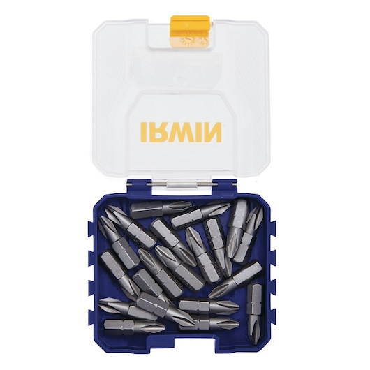 IRWIN IWAF121PH220D screwdriver bits set in blue plastic box with clear lid, photographed from above.
