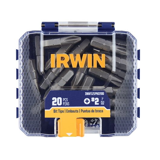 IRWIN 20-piece bit tips set IWAF121PH220D, clear case with yellow latch, front view on white background.