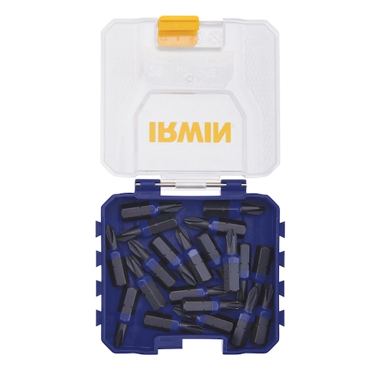 Photo of IRWIN IWAF121PR220D screwdriver bits set in a blue and clear plastic case, lid open, white background.