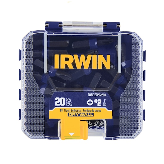 IRWIN IWAF121PR220D bit tips set, 20 pieces for drywall, blue and yellow case, front angle on white background.