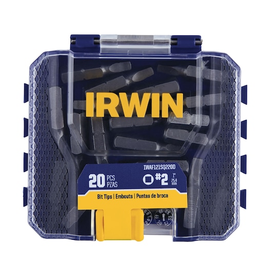IRWIN bit tips set IWAF121SQ220D, 20 pieces in blue and yellow plastic case, front angle.