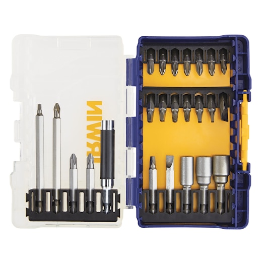 IRWIN IWAF1224 drill and screwdriver bit set in plastic case, open top view with multiple sizes and types of bits organized.