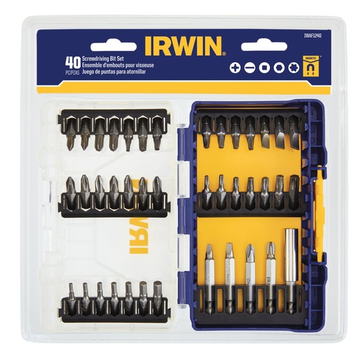 IRWIN 40-piece screwdriving bit set in plastic case, photography of product front, IWAF1240.