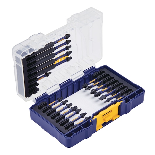 IRWIN IWAF1320 screwdriver bit set in blue plastic case with clear lid, shown open with multiple black bits inside.
